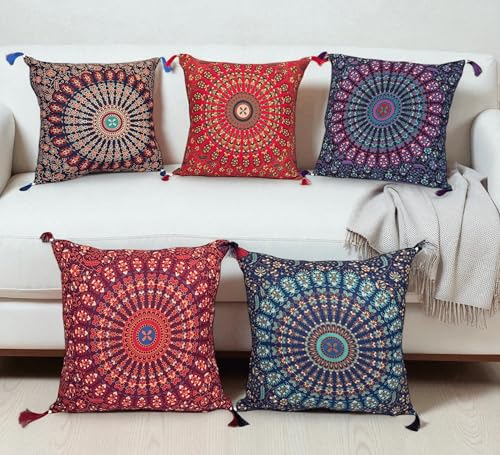 Set Of 5 Boho Throw Pillow Covers - Silk Decorative Cushions For Sofa, Couch, And Bed – Bohemian, Indian & Moroccan Inspired Home DéCor For Living Room (Mandala Cushion Cover, 18X18 Inches) - color: Mandala Cushion Cover