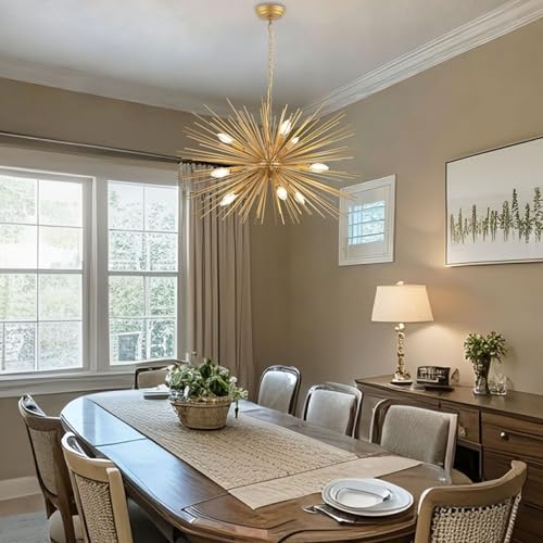 29" Modern Sputnik Chandelier 9-Lights Mid Century Modern Starburst Golden Chandelier Luxury Gold Solid Metal Sputnik Satellite Chandeliers for Dining Room, Kitchen Island, Bedroom - color: Golden 29" 9-Light