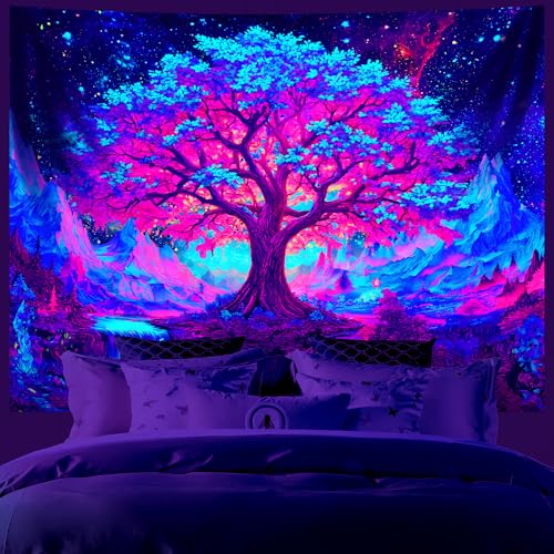 AOHMPT Blacklight Tree of Life Tapestry Trippy Fluorescent Wall Hanging Psychedelic Forest Glow in the Dark Nebula Starry Night Galaxy Tapestries for Bedroom Decor, 79x59 In - color: Tree, size: 79"L x 59"W
