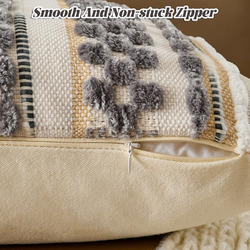 AmHoo Set of 2 Chenille Striped Textured Boho Throw Pillow Covers Aesthetic with Tassels Woven Decorative Pillow Case for Couch Bed Sofa Bedroom Modern Funky 18 x 18-Inch Grey White - color: Grey White, size: 18" x 18" (Pack of 2)