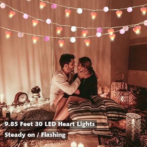 ChiRee 9.85Ft String Lights with 20 Pink Heart LEDs 20 Pink Pom Poms Garland Lights with Timer Valentine Decoration for Home Kid Bedroom Mother's Day Wedding Party Valentine's Day Decor - style: Pink-Pink Heart