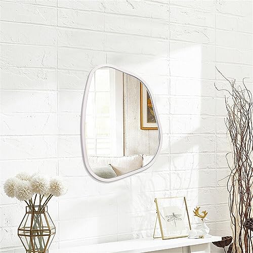 White Irregular Bathroom Mirror Modern Oval Wall Mirror Asymmetrical Wooden Framed Wall Mirror Unique Shape Wall Mounted Vanity Artistic Mirror Decor for Living Room Bedroom Entryway Small 14"x10" - color: White, size: 14"L x 10"W