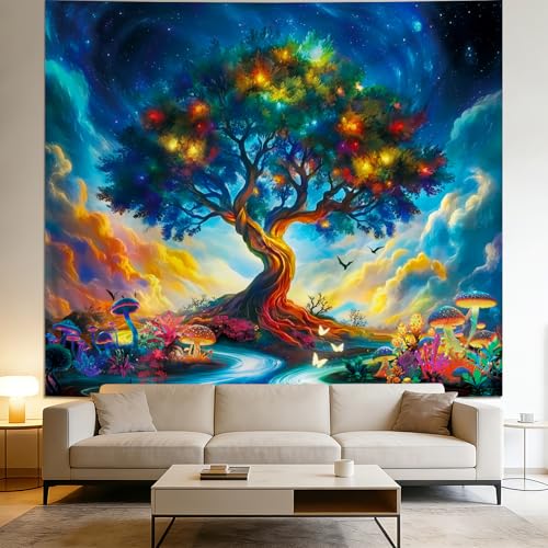 Apdidl Tree of Life Space Tapestry for Bedroom, Nature Galaxy Starry Sky Mushroom Posters Tree Wall Tapestries, Colorful Cloud Landscape River Wall Hanging Aesthetic for Living Room Decor 51"X60" - color: Tree of Life Tapestry, size: 60"L x 51"W