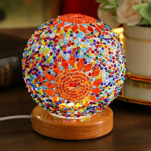 Vintage Turkish Night Lights Mosaic Glass Lamps with Wooden Base 5V Bohemian Bedside Lamp Ramadan/Eid Decorations Yoga & Meditation Lamp Holiday Gathering Decor (Boho-Orange, Boho) - style: European