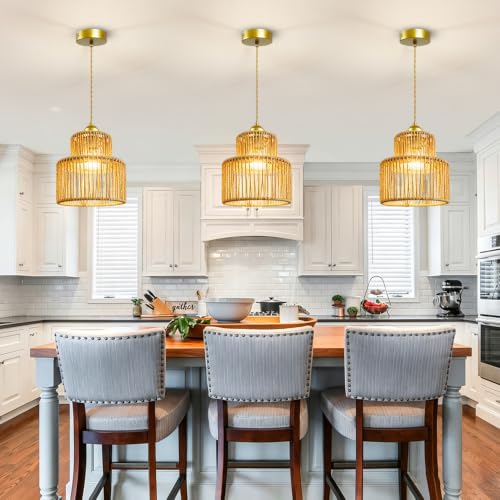 7.9″ Rattan Pendant Light Fixture Boho Woven Chandelier Ceiling Pendant Light Round Adjustable Hanging Lamp for Dining Room Kitchen Island Hallway Bedroom - color: 7.9″