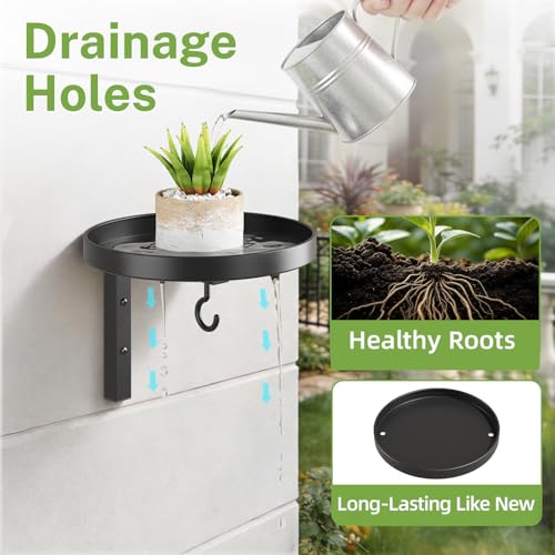 iDavosic.ly Wall Plant Holder Set of 2 for Outdoor with Drain Hole, Metal Hanger with 2 Hooks, Floating Flower Display Stand for Window, Space Saving & Easy to Assemble (Pots/Plants Not Included) - color: Black with Holes(Outdoor Use), size: 2 Pack