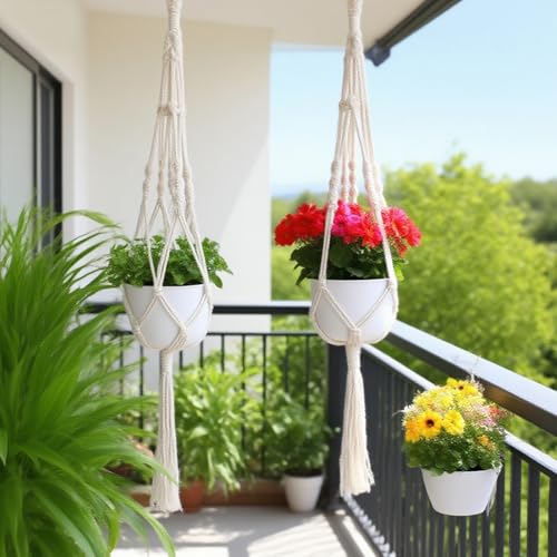 Macrame Plant Hanger, Indoor Outdoor Hanging Planter Boho Home Decor, Stylish Handmade Decorative Flower Pot Holder for Living Room, Garden Use, 45 Inch, Set of 2 (Pots Not Included)