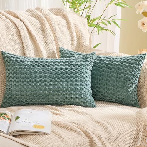 GAWAMAY Decorative Corduroy Lumbar Throw Pillow Covers 12x20 Inch Set of 2 for Living Room Couch Bed Sofa, Farmhouse Cushion Cover Soft Striped Neutral Pillows Cases Home Decor (30x50cm) Blue Green - color: Blue Green, size: 20" x 12" (Pack of 2)