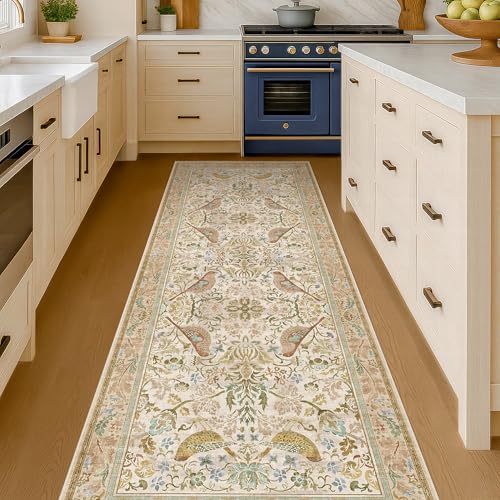 Hazo Haus 2'6"x8' Long Hallway Runner Rug - Vintage Botanical Wide Runners for Kitchen Bedroom Hall Way, Washable Non Slip with Rubber Backing, Beige Floral Décor - color: Beige, size: 2'6" x 8' (Runner)