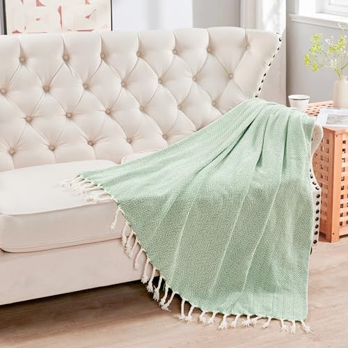 Herringbone Knitted Two Tone Throw Blankets with Braided Tassel Fringe, Boho Farmhouse Lightweight Turkish Throw Blanket for Couch Bed Sofa, Picnic, Yoga, Outdoor Blanket, 50 x 60 Inch, Green - color: Green