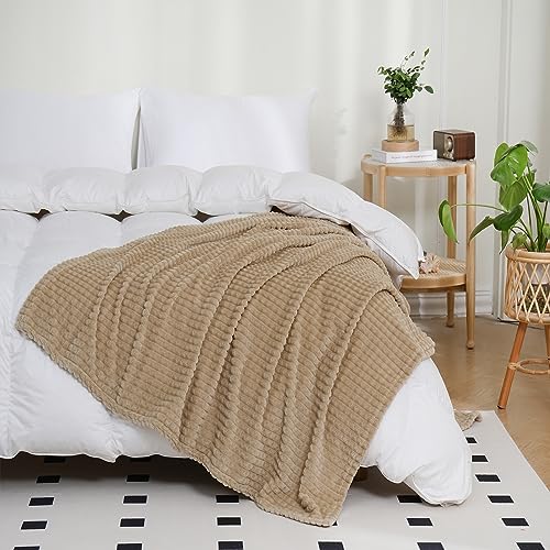 Khaki White Throw Blanket 50"×70" Decorations Fleece Super Soft Plush Fuzzy Cozy Blanket with Square 3D Jacquard Grid Design Luxury Lightweight for Couch Sofa Chair - color: Khaki, size: 50"×70"