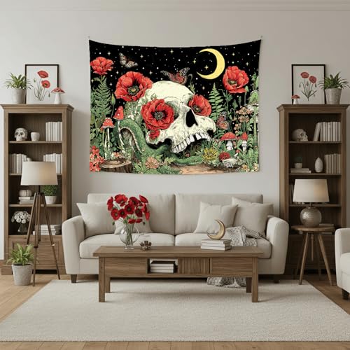 Accnicc Floral Skull Tapestry Vintage Flower Gothic Skeleton Tapestries Wall Hanging Mushroom Butterfly Plant Snake Horror Small Tapestry for Bedroom Living Room Dorm 48 x 36 inch - color: Red Green, size: 48"L x 36"W