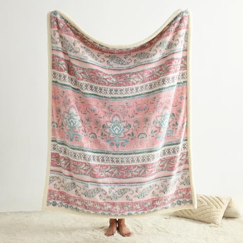 Boho Chic Sherpa Throw Blanket - Vibrant Bohemian Print & Ultra-Soft Cozy Lining, Stylish & Warm Winter Throw for Couch, Bed, or Décor - color: Boho-pastel Pink, size: 50" x 60"