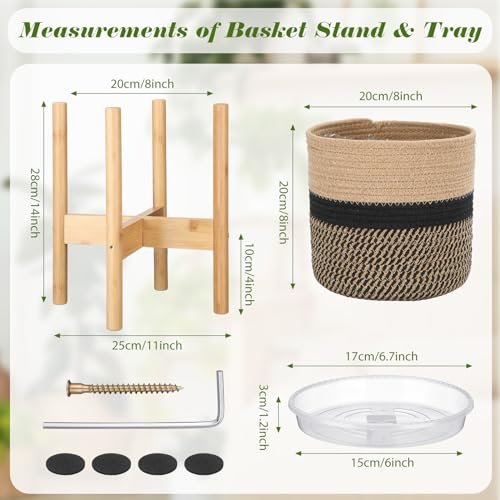 Plant Basket with Stand Indoor Planter Pot Holder Sturdy Jute Rope Modern Woven Basket, Cotton Rope Woven Pot with Bamboo Stand(7.87 Inch,Black and Beige Stripes) - color: Black and Beige Stripes, size: 7.87 Inch