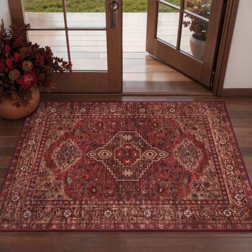 Tangsoo Red 2x3 Washable Entryway Rugs Oriental Vintage Non Slip Small Area Rug, Boho Indoor Front Door Rug, Door Mat Indoor Entrance Soft Low Pile Throw Rugs for Entry Kitchen Living Room Dark Red - color: Dark Red, size: 2' X 3' (Rectangular)