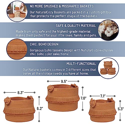 NaturalCozy 3-Piece Boho Decor Storage Basket Set Cotton Rope Woven Baskets for Organizing! Small Basket for Baby Stuff, Baby Shower, Gift Basket, Nursery Basket, Planter, Toy Basket, Shelves - color: Brown