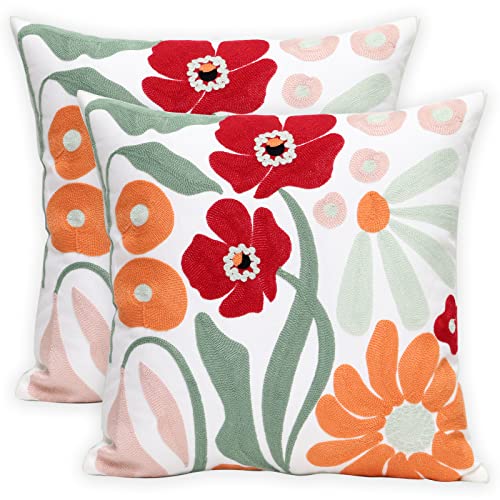 Pack of 2 Embroidered Decorative Throw Pillow Cover 18x18 Inch Farmhouse Floral Pillowcase for Living Room Sofa Bed (Romantic Flower) - color: Romantic Flower