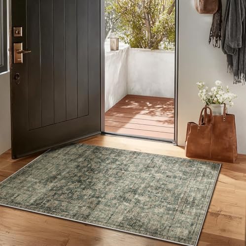 Machine Washable Throw Rugs for Entryway: Door Mat Indoor Entrance 2x3 Rug Boho Small Area Rug Non-Slip Low Pile Kitchen Rug for Front Door Indoor Entrance Entry Kids Room - color: Dark Green, size: 2' x 3' (Rectangular)