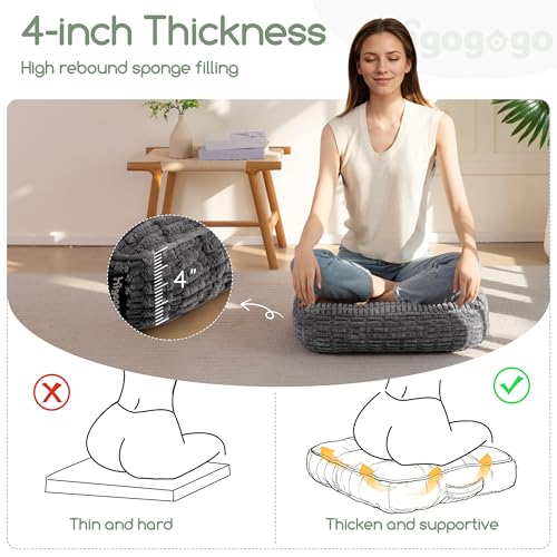 HIGOGOGO Floor Pillow Cushion for Adults, Meditation Cushion Pillow, Blended Corduroy Cover, Large Square Floor Sitting for Tatami Living Room or Yoga, 22x22 Inch, Dark Grey - color: Square Dark Grey, size: 4" Thick(Pack of 1)
