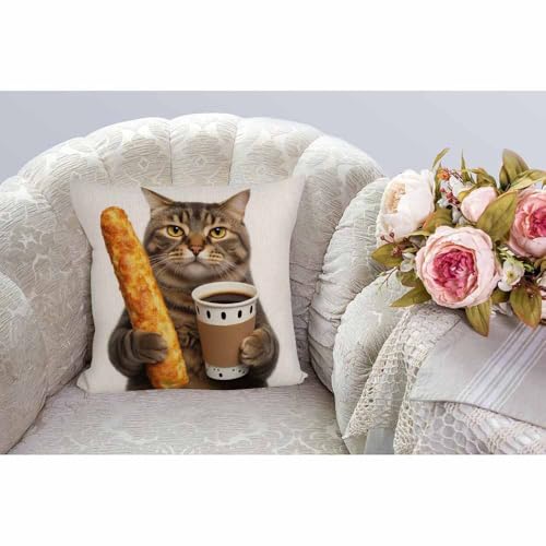 HGOD DESIGNS Funny Cat Throw Pillow Cover,The Cat is Holding A Cup of Black Coffee and A Baguette Decorative Couch Sofa Bedroom Burlap Pillow Cases for Men/Women Room 18x18 Inch - color: Color A03