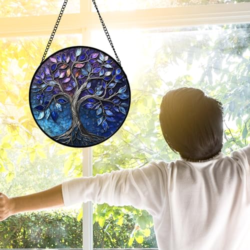 DASTOLL Stained Glass Window Hanging, Blue Purple Tree of Life Sun Catchers Colorful Glass Panel Plants Suncatcher Decor for Birthday for Women,Men,Wife, Lovers, and Mom 11.8x11.8 in - color: Blue Purple, size: 11.8x11.8 IN