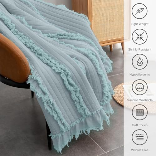 Ultra Soft Pre-Washed Warm Quilted Throw Blanket, Ruffle Fringed Blue Green Boho Decorative Throw, Stone Washed Chic Rustic Blanket for Sofa Couch Bed Chair, 50"x 60" - color: Blue Green, size: 50"x60"