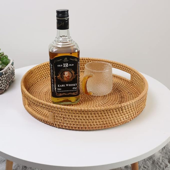 Coffee Table Tray Round Rattan Ottoman Tray Woven Serving Trays with Handles for Home and Kitchen Decorative Natural (Large 14 inch x 2.4 inch)