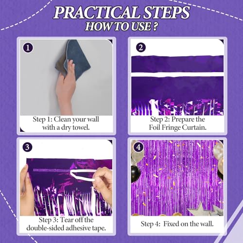 DECOCKRAT 3 Pack Foil Fringe Backdrop - Purple Shiny Tinsel Curtains for Party Decoration/Photo Booth Props - 3.3x8.2 FT Metallic Foil Backdrop for Birthday, Wedding, Graduation, Christmas. - color: Purple