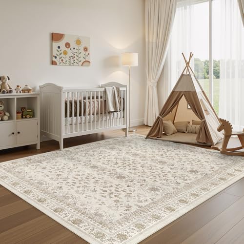 WITSHOCK 6x8 Area Rugs for Living Room - Washable Vintage Rug Retro Antique Dark Large Non Slip Low Pile Soft Indoor Floor Carpet for Bedroom Dining Room Home Decor, Beige - color: Beige/Antique Brown, size: 6' x 8' (Rectangular)