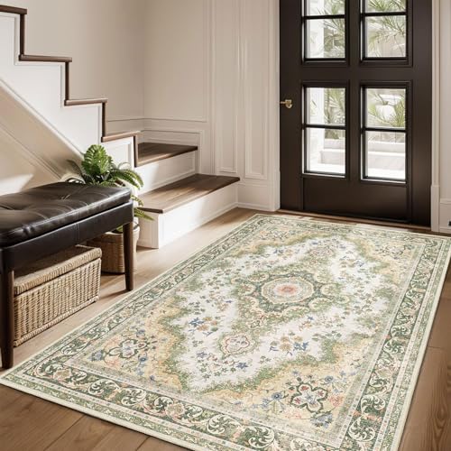 Green Rug 3'x5',Washable Area Rugs for Bedroom Living Room Kitchen Entryway Bedside,Small Boho Vintage Bohemian Distressed Oriental Non Slip Carpet,Sage Floral - color: Rug11-green, size: 3'x5'