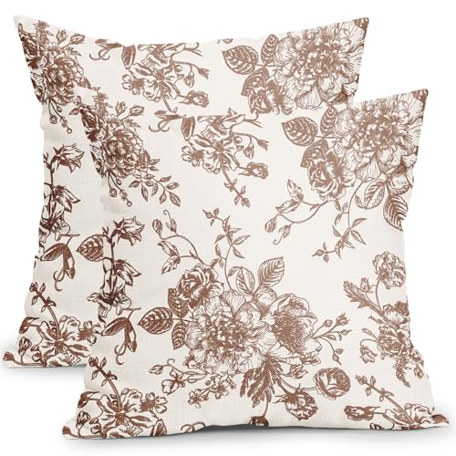 Vintage Floral Pillow Covers 18x18 Inch Set of 2 Dark Brown and Cream Floral Throw Pillow Covers Chinoiserie Flower Pillowcases Rustic Farmhouse Cotton Linen Cushion Covers for Couch Bed Sofa Decor - color: Dark Brown, size: 18" x 18" (Pack of 2)