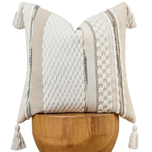 AmHoo Chenille Striped Textured Boho Throw Pillow Covers Aesthetic with Tassels Woven Decorative Pillow Case for Couch Bed Sofa Bedroom Modern Funky 18 x 18-Inch White - color: White, size: 18" x 18" (Pack of 1)
