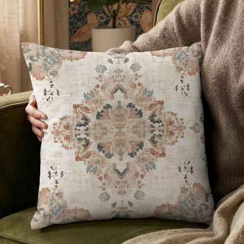 YOU FOUND ME Boho Throw Pillow Covers 18x18 Inch, Vintage Bohemian Carpet Print Pillowcase, Soft Decorative Cushion Cover for Couch Sofa Bedroom Living Room Decor (Beige) - color: Beige