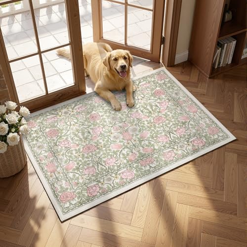 GarveeHome Pink and Green Beige Vintage Floral Small Rug 2x3 Door Mat Indoor Rugs for Entryway Washable Non-Slip TPE Backing Soft Low-Pile Rugs for Bathroom Bedroom Kitchen - color: A Beige / Pink, size: 2' x 3' (Rectangular)