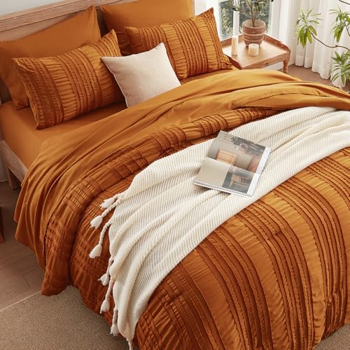 Burnt Orange Tufted Textured Comforter Set Queen Size, 7 Piece Bed in a Bag，Shabby Chic Boho Bedding for Bedroom Comforter，All Season Soft Microfiber Ruffle Comforter Set with Pillow and Sheets - color: Burnt-orange, size: Queen