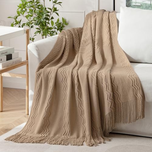MIULEE Tan Taupe Knitted Throw Blanket for Couch Boho Textured Cozy Woven Blanket with Tassels for Sofa Chair Bed Living Room Farmhouse Home Decor Acrylic Wave Pattern 50"x60" - color: Tan Taupe, size: 50" x 60"