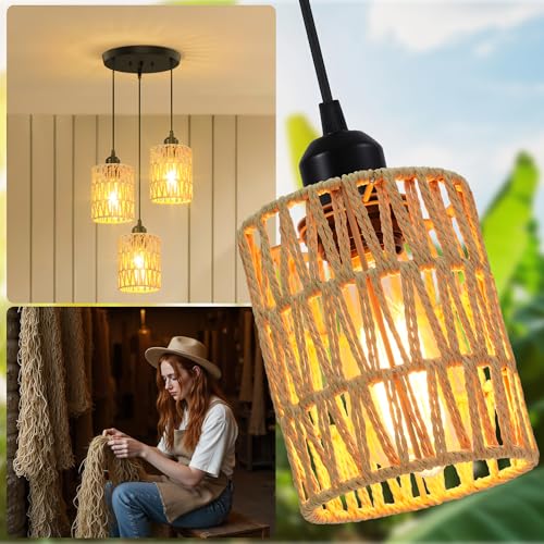 3 Light Pendant Lighting, Farmhouse Hanging Light Fixture for Kitchen Island & Dining Room, Industrial Vintage Ceiling Lamp with E26 Base, Adjustable Height, Rattan Pendant Light - color: Round Base – Rattan Pendant
