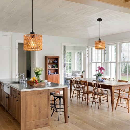Woven Pendant Light Boho Chandelier, Rattan Pendant Lights Kitchen Island, Farmhouse Pendant Lighting with Hand Woven Wicker Shade, Boho Chandelier Light Fixtures Ceiling Hanging Light - color: 1 Pack Brown