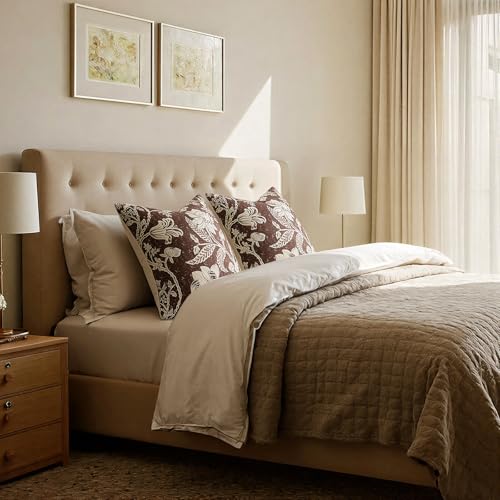 MUSSEL Brown Floral Pillow Covers 18x18：Vintage Decorative Throw Pillow Boho Patterned Covers — Neutral Modern Farmhouse Square Cushions Cotton Accent Covers Sofa Bed Living Room Pillowcases Set of 2 - color: Bf-brown, size: 18" x 18" (Pack of 2)