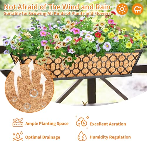 Riare 2 Pack 23 Inch Window Boxes Planters with Coco Liner, Metal Deck Railing Planter Boxes, Balcony Planters Railing Hanging, Horse Trough Window Flower Planter Boxes for Outdoor Porch Fence Patio - size: 23Inch