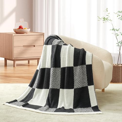 Snuggle Sac Checkered Blanket, Black White Throw Blanket for Couch Plaid Microfiber Fluffy Warm Fuzzy Cozy Soft Throw Blanket Reversible Checkered Blankets for Sofa, Chair, Bed, Twin(60"x80") - color: Checker Black White, size: Twin(60"x80")