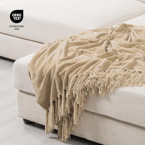 RECYCO Throw Blanket Soft Cozy Chenille Throw Blanket with Fringe Tassel for Couch Sofa Chair Bed Living Room Gift (Beige, 50" x 60") - color: Beige, size: 50'' X 60''