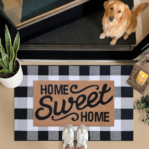 Home Sweet Home Doormat Set, 2-Piece Layered Front Porch Mat Combo, Natural Coir Welcome Mat with Black and White Buffalo Plaid Rug, Farmhouse Outdoor Entryway Decor for Porch, Patio, Home