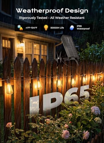 Brightown 52FT Solar String Lights Outdoor Waterproof, Patio Lights with Remote & Timer, USB/Solar Powered Dimmable Outdoor Lights, 15+1 LED Bulbs for Backyard Garden Camping Party - 26Hrs Runtime - size: 52FT(15 Sockets)