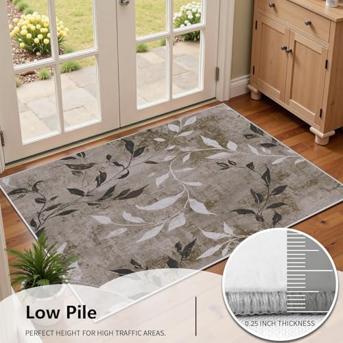 Vintage Distressed Rugs, 2x3 Rug, Boho Plant Leaf Rugs for Entryway, Contemporary Door Mat Indoor Entrance, Washable Area Rug, Small Carpet, Low Pile Non Slip, Neutral Farmhouse Home Decor - color: Gray3, size: 2x3 ft