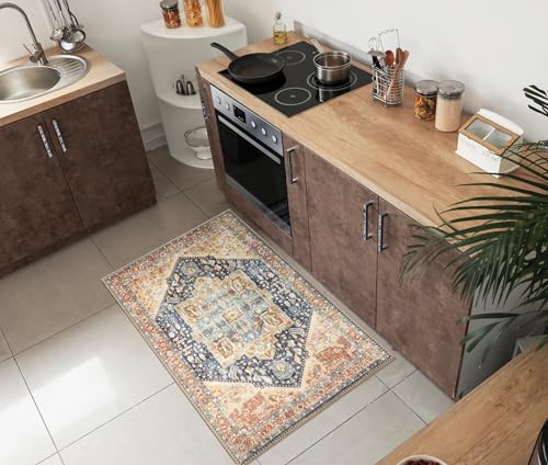 Keen Home Design 2x3 Rug - Machine Washable Entry Rug with Non-Slip Backing, Ideal for Enteryway, Kitchen, Bathroom, Laundry Room - Vintage, Easy Clean, Durable, Low Pile Rug - (2' x 3') - color: Blue / Brown, size: 2' x 3' (Rectangular)