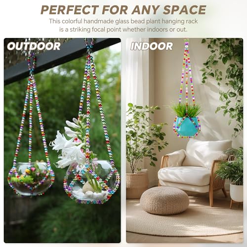 2 Pack Macrame Plant Hanger, Handmade Glass Bead Plant Hanger Colorful Decorative Bohemian Hanging Planter Holder for Indoor and Outdoor Home Garden Decor. Does Not Include Flower Pot.(17''/21'')