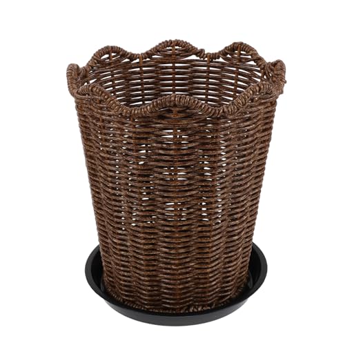 Scalloped Rattan Basket Planter, Woven Plant Basket with Plastic Tray, Decorative Indoor and Outdoor Flower Pot Holder, Farmhouse Storage Organizer 8.7x7.5x7.5 - color: Light Brown