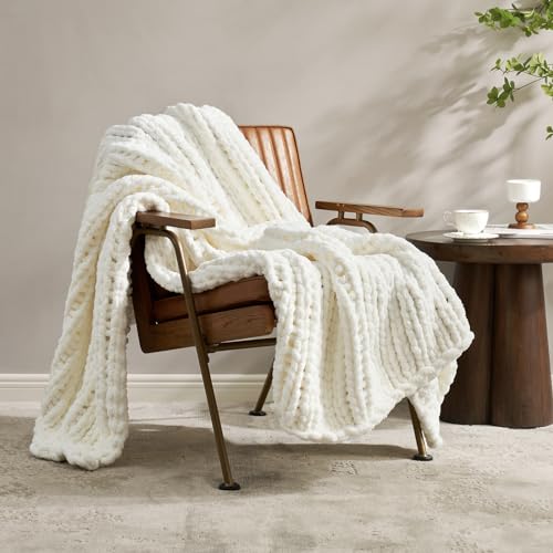 Amélie Home Chunky Knit Throw Blanket for Couch, Soft Chenille Handmade Crochet Throw Rope Knit Blanket for Bed, 40"x50", Ivory - color: Ivory, size: 40"x50"