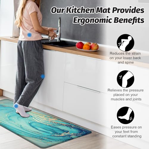 MAYHMYO Kitchen Rugs and Mats Set of 2 Teal Marble Gold Anti Fatigue Mat PVC Non Slip Turquoise Foam Cushioned Kitchen Mats for Floor,17.3 x 29 x 0.4 inch + 17.3 x 59 x 0.4 inch - color: Teal, size: 29"L X 17.3"W X 0.4"Th + 59"L X 17.3"W X 0.4"Th